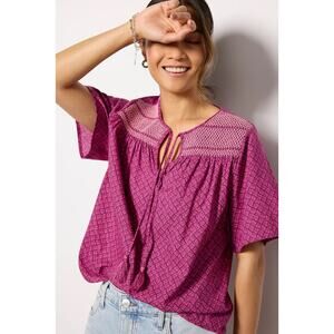 NWT Evereve Maisie Smocked Blouse M Pink Flowy Boho Print Cotton Split Neck